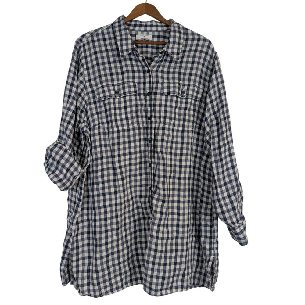 Draper James x Lands End Linen Gingham Button Up Blue Plaid Relaxed Womens 1X